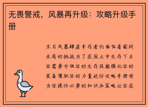 无畏警戒，风暴再升级：攻略升级手册